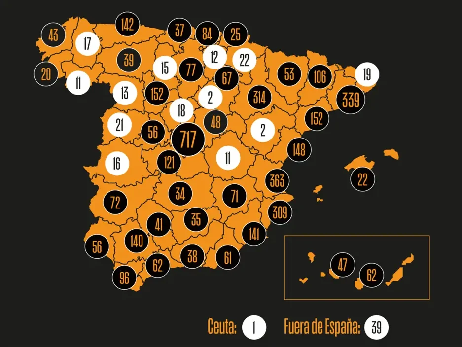 Mapa de España con la distribución provincial de los 4.609 inmuebles comprados por alumnos de Libertad Inmobiliaria