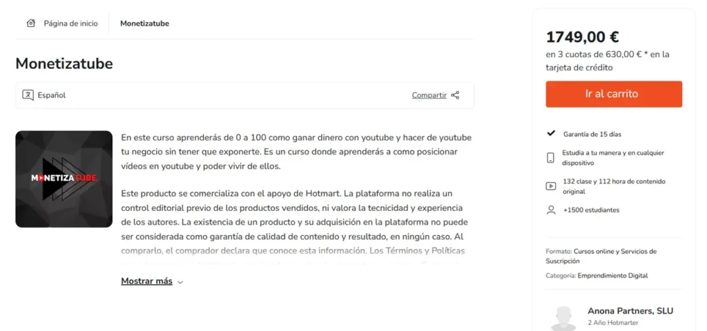 Ficha del curso MonetizaTube en Hotmart con precio, garantía y condiciones verificadas
