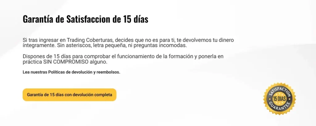 Sello de garantía de devolución de 15 días de Trading con Coberturas