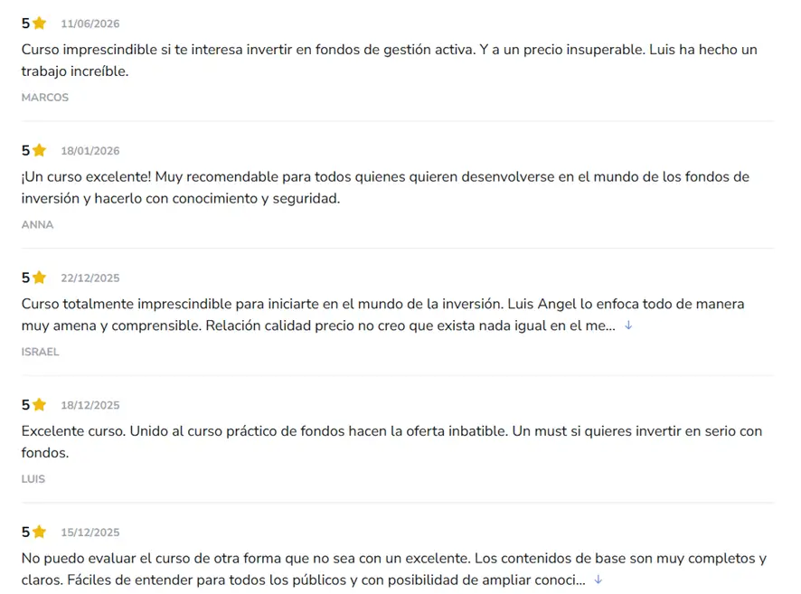 Opiniones y valoraciones de alumnos del curso De Cero a Inversor en Fondos en Hotmart